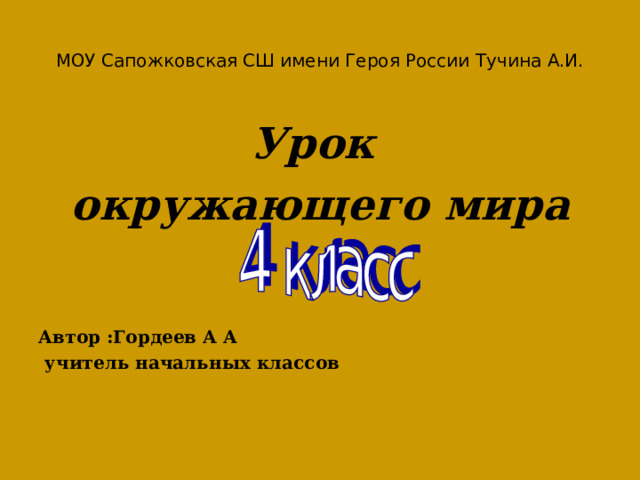 МОУ Сапожковская СШ имени Героя России Тучина А.И. Урок окружающего мира  Автор :Гордеев А А  учитель начальных классов 