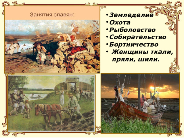 Земледелие Охота Рыболовство Собирательство Бортничество  Женщины ткали,  пряли, шили.   
