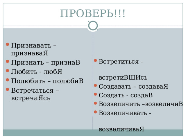 ПРОВЕРЬ!!! Признавать – признаваЯ Признать – признаВ Любить - любЯ Полюбить – полюбиВ Встречаться – встречаЯсь Встретиться -  встретиВШИсь Создавать – создаваЯ Создать - создаВ Возвеличить –возвеличиВ Возвеличивать -  возвеличиваЯ 