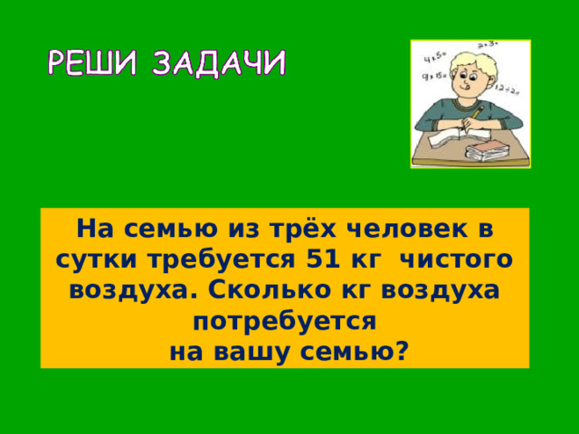 На семью из трёх человек в сутки требуется 51 кг чистого воздуха. Сколько кг воздуха потребуется  на вашу семью? 