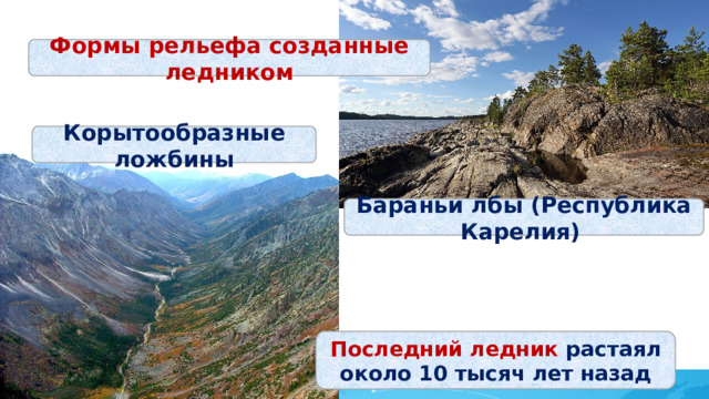 Формы рельефа созданные ледником Корытообразные ложбины Бараньи лбы (Республика Карелия) Последний ледник растаял около 10 тысяч лет назад 