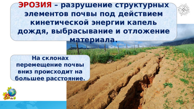 ЭРОЗИЯ – разрушение структурных элементов почвы под действием кинетической энергии капель дождя, выбрасывание и отложение материала. На склонах перемещение почвы вниз происходит на большее расстояние. 