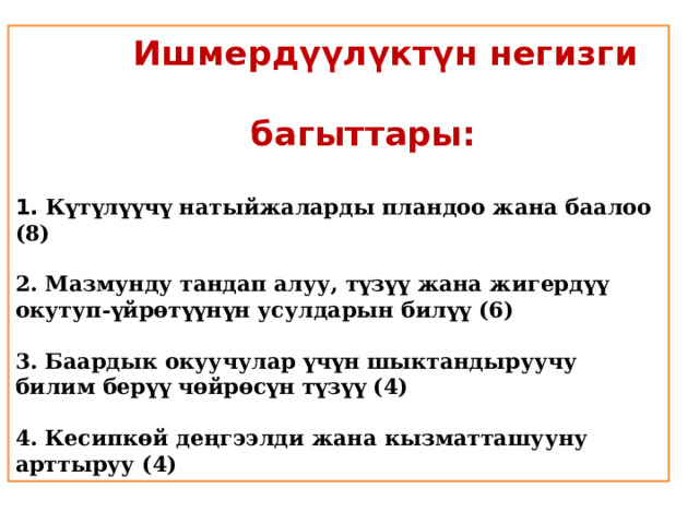  Ишмердүүлүктүн негизги  багыттары:   1. Күтүлүүчү натыйжаларды пландоо жана баалоо (8)   2. Мазмунду тандап алуу, түзүү жана жигердүү окутуп-үйрөтүүнүн усулдарын билүү (6)   3. Баардык окуучулар үчүн шыктандыруучу билим берүү чөйрөсүн түзүү (4)   4. Кесипкөй деңгээлди жана кызматташууну арттыруу (4) 