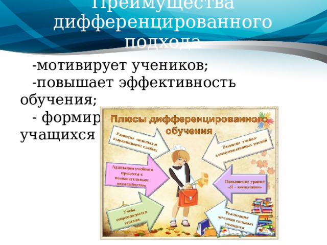  Преимущества дифференцированного подхода -мотивирует учеников; -повышает эффективность обучения; - формирует уверенность учащихся на занятиях. 