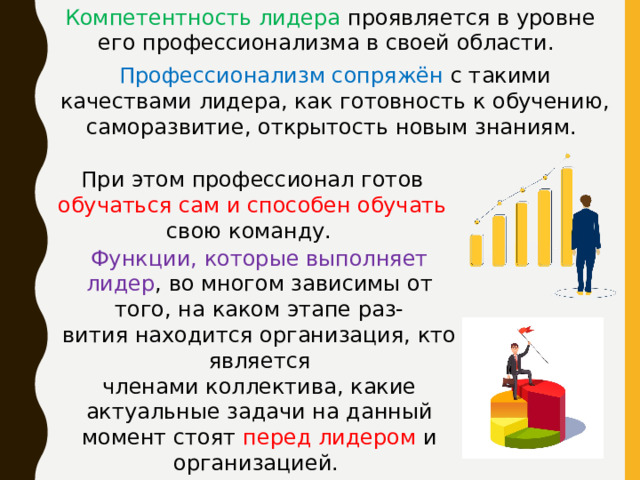 Компетентность лидера проявляется в уровне его профессионализма в своей области. Профессионализм сопряжён с такими качествами лидера, как готовность к обучению, саморазвитие, открытость новым знаниям. При этом профессионал готов обучаться сам и способен обучать свою команду. Функции, которые выполняет лидер , во многом зависимы от того, на каком этапе раз- вития находится организация, кто является членами коллектива, какие актуальные задачи на данный момент стоят перед лидером и организацией. 