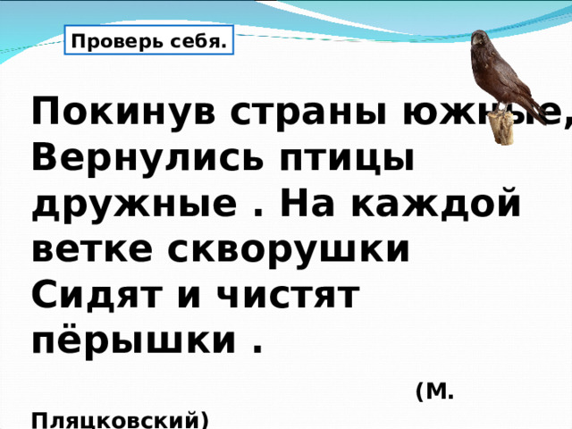 Проверь себя. Покинув страны южные, Вернулись птицы дружные . На каждой ветке скворушки Сидят и чистят пёрышки .   (М. Пляцковский)  
