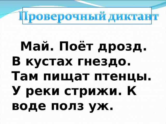  Май. Поёт дрозд. В кустах гнездо. Там пищат птенцы. У реки стрижи. К воде полз уж. 