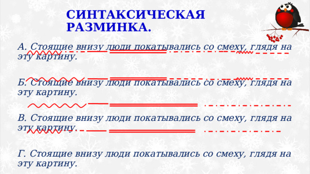 СИНТАКСИЧЕСКАЯ РАЗМИНКА. А. Стоящие внизу люди покатывались со смеху, глядя на эту картину.  Б. Стоящие внизу люди покатывались со смеху, глядя на эту картину.  В. Стоящие внизу люди покатывались со смеху, глядя на эту картину.  Г. Стоящие внизу люди покатывались со смеху, глядя на эту картину. 
