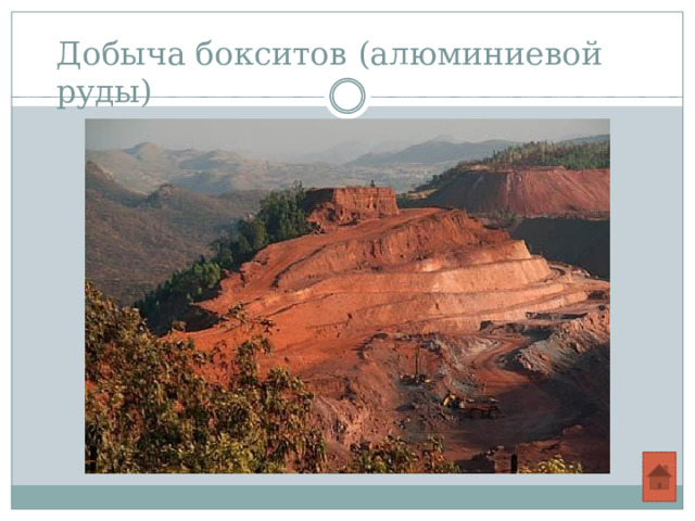 Добыча бокситов  (алюминиевой  руды) 
