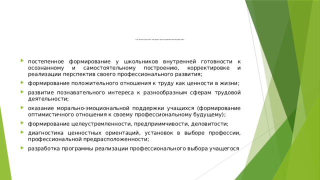 Н.И. Никитина выделяет следующие задачи профессиональной ориентации:    постепенное формирование у школьников внутренней готовности к осознанному и самостоятельному построению, корректировке и реализации перспектив своего профессионального развития; формирование положительного отношения к труду как ценности в жизни; развитие познавательного интереса к разнообразным сферам трудовой деятельности; оказание морально-эмоциональной поддержки учащихся (формирование оптимистичного отношения к своему профессиональному будущему); формирование целеустремленности, предприимчивости, деловитости; диагностика ценностных ориентаций, установок в выборе профессии, профессиональной предрасположенности; разработка программы реализации профессионального выбора учащегося 