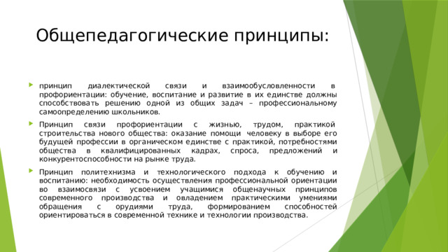 Общепедагогические принципы: принцип диалектической связи и взаимообусловленности в  профориентации: обучение, воспитание и развитие в их единстве должны способствовать решению одной из общих задач – профессиональному самоопределению школьников. Принцип связи профориентации с жизнью, трудом, практикой  строительства нового общества: оказание помощи  человеку в выборе его будущей профессии в органическом единстве с практикой, потребностями общества в квалифицированных кадрах, спроса, предложений и конкурентоспособности на рынке труда. Принцип политехнизма и технологического подхода к обучению и воспитанию: необходимость осуществления профессиональной ориентации во взаимосвязи с усвоением учащимися общенаучных принципов современного производства и овладением практическими умениями обращения с орудиями труда, формированием способностей ориентироваться в современной технике и технологии производства. 