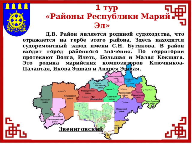 1 тур  «Районы Республики Марий Эл»  Д.В. Район является родиной судоходства, что отражается на гербе этого района. Здесь находится судоремонтный завод имени С.Н. Бутякова. В район входит город районного значения. По территории протекают Волга, Илеть, Большая и Малая Кокшага. Это родина марийских композиторов Ключникоа-Палантая, Якова Эшпая и Андрея Эшпая. Звениговский  