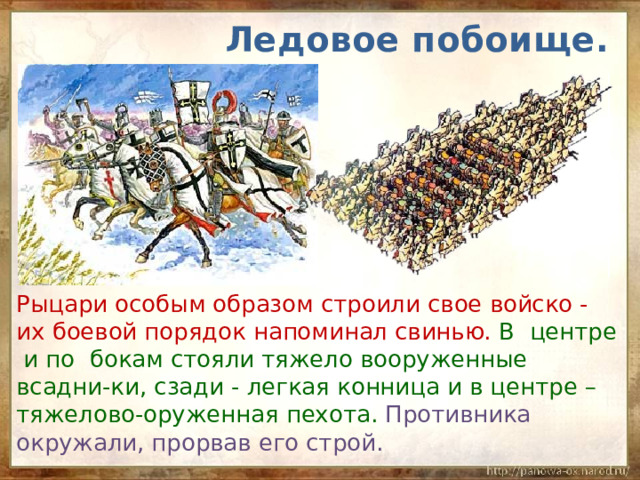  Ледовое побоище.  Рыцари особым образом строили свое войско - их боевой порядок напоминал свинью. В центре и по бокам стояли тяжело вооруженные всадни-ки, сзади - легкая конница и в центре – тяжелово-оруженная пехота. Противника окружали, прорвав его строй. 