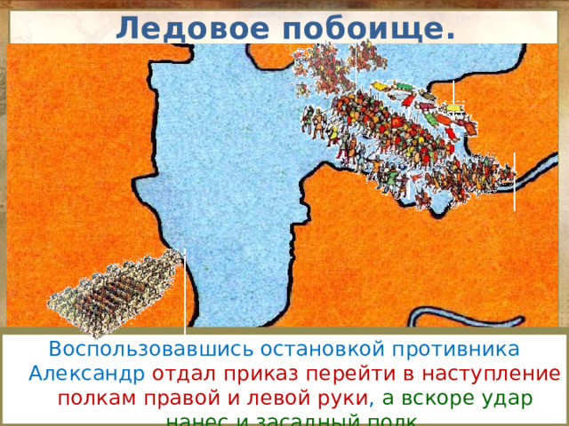 Ледовое побоище. Зная тактику рыцарей Александр вывел дружину на лед. Прямо у крутого берега он поставил свой обоз. На флангах расположились полки Битва началась с атаки рыцарей в центр новгородского войска. «Свинья» прорвала новгородский строй, казалось победа близка, но тут рыцари уперлись в крутой берег, а развернуться им мешали телеги из обоза . Воспользовавшись остановкой противника Александр отдал приказ перейти в наступление полкам правой и левой руки , а вскоре удар нанес и засадный полк. Перед обозом выстроились основные На правом фланге Александр спрятал засадный полк . Перед дружиной расположились лучники . правой и левой руки силы - княжеская дружина . 