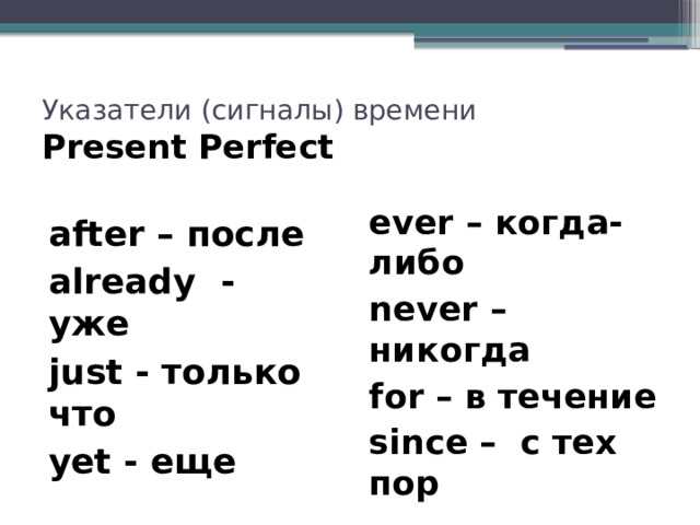 Указатели (сигналы) времени  Present Perfect ever – когда-либо never – никогда for – в течение since – с тех пор after – после already - уже just - только что yet - еще 