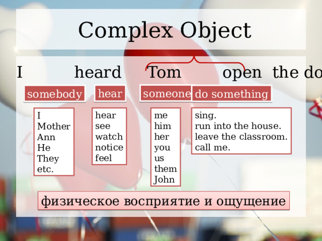 Complex Object I heard Tom open the door. someone hear somebody do something sing. hear me him see run into the house. leave the classroom. watch her you call me. notice feel us them John I Mother Ann He They etc. физическое восприятие и ощущение 