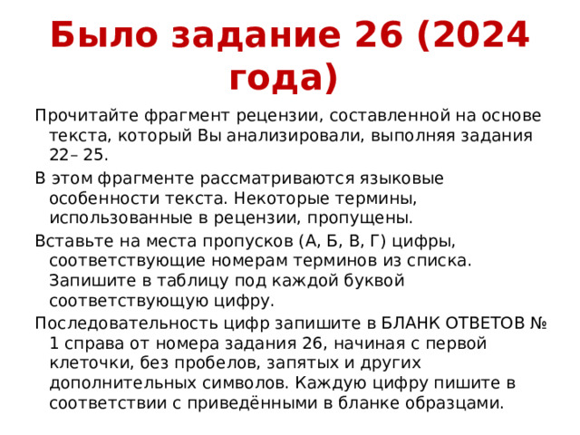 Было задание 26 (2024 года) Прочитайте фрагмент рецензии, составленной на основе текста, который Вы анализировали, выполняя задания 22– 25. В этом фрагменте рассматриваются языковые особенности текста. Некоторые термины, использованные в рецензии, пропущены. Вставьте на места пропусков (А, Б, В, Г) цифры, соответствующие номерам терминов из списка. Запишите в таблицу под каждой буквой соответствующую цифру. Последовательность цифр запишите в БЛАНК ОТВЕТОВ № 1 справа от номера задания 26, начиная с первой клеточки, без пробелов, запятых и других дополнительных символов. Каждую цифру пишите в соответствии с приведёнными в бланке образцами. 