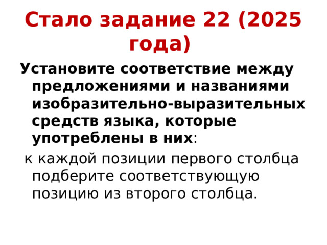 Стало задание 22 (2025 года) Установите соответствие между предложениями и названиями изобразительно-выразительных средств языка, которые употреблены в них :  к каждой позиции первого столбца подберите соответствующую позицию из второго столбца. 