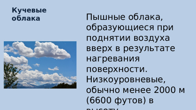 Кучевые облака Пышные облака, образующиеся при поднятии воздуха вверх в результате нагревания поверхности. Низкоуровневые, обычно менее 2000 м (6600 футов) в высоту. 