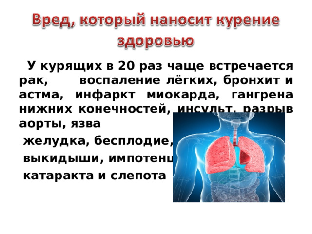  У курящих в 20 раз чаще встречается рак, воспаление лёгких, бронхит и астма, инфаркт миокарда, гангрена нижних конечностей, инсульт, разрыв аорты, язва желудка, бесплодие, выкидыши, импотенция, катаракта и слепота    