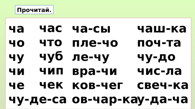 Прочитай. час что чуб чип чек чаш-ка поч-та чу-до чис-ла свеч-ка у-да-ча ча-сы ча пле-чо чо ле-чу чу вра-чи чи ков-чег че ов-чар-ка чу-де-са  