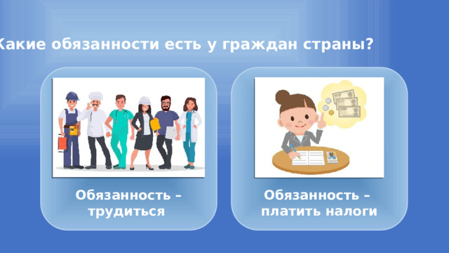 Какие обязанности есть у граждан страны?   Обязанность – Обязанность – трудиться платить налоги 