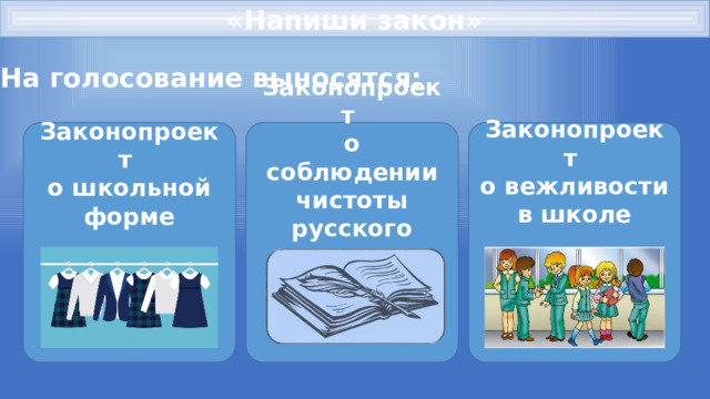 «Напиши закон» На голосование выносятся:    Законопроект Законопроект Законопроект о вежливости о школьной форме о соблюдении чистоты русского языка в школе в школе               