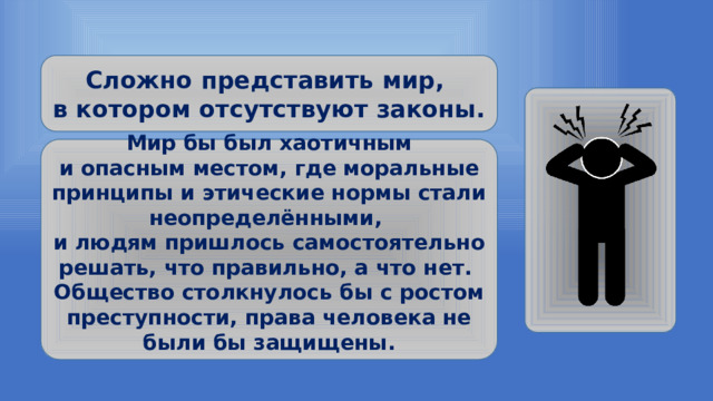 Сложно представить мир, в котором отсутствуют законы.  Мир бы был хаотичным и опасным местом, где моральные принципы и этические нормы стали неопределёнными, и людям пришлось самостоятельно решать, что правильно, а что нет. Общество столкнулось бы с ростом преступности, права человека не были бы защищены. 