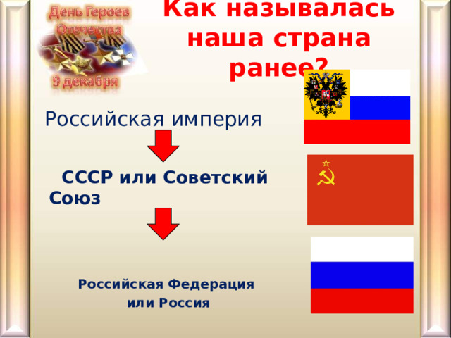 Как называлась наша страна ранее? Российская империя   СССР или Советский Союз  Российская Федерация или Россия 