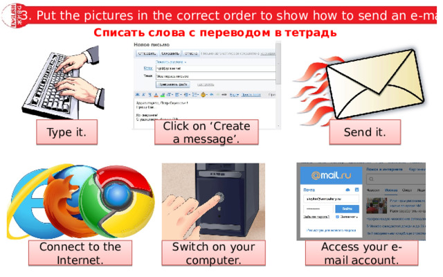 Ex. 3. Put the pictures in the correct order to show how to send an e-mail. Списать слова с переводом в тетрадь Click on ‘Create a message’. Type it. Send it. Switch on your computer. Connect to the Internet. Access your e-mail account. 