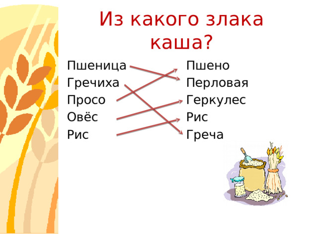 Из какого злака каша? Пшено Пшеница Перловая Гречиха Геркулес Просо Овёс Рис Рис Греча 
