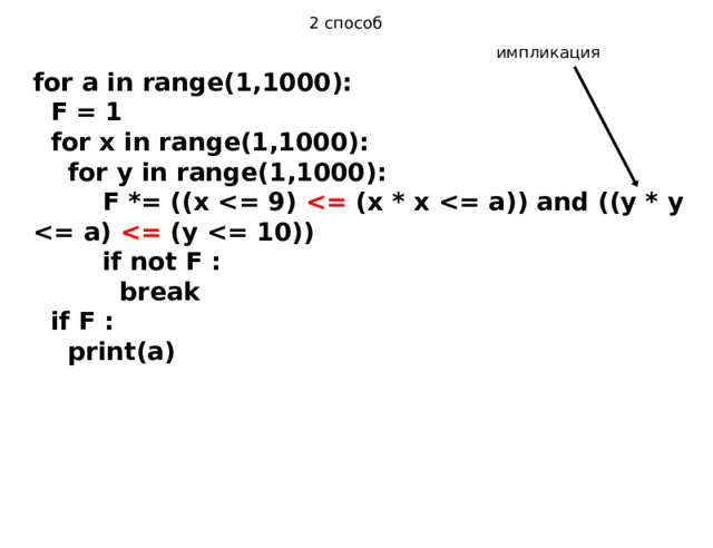 2 способ импликация for a in range(1,1000):  F = 1  for x in range(1,1000):  for y in range(1,1000):  F *= ((x   (x * x   (y   if not F :  break  if F :  print(a)  