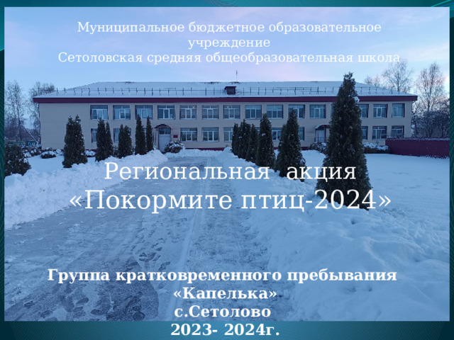 Муниципальное бюджетное образовательное учреждение Сетоловская средняя общеобразовательная школа Региональная акция «Покормите птиц-2024»  Группа кратковременного пребывания «Капелька» с.Сетолово 2023- 2024г. Воспитатель: Моисеева З.Н. 
