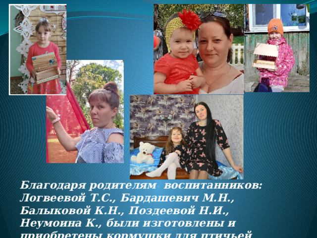 Благодаря родителям воспитанников: Логвеевой Т.С., Бардашевич М.Н., Балыковой К.Н., Поздеевой Н.И., Неумоина К., были изготовлены и приобретены кормушки для птичьей столовой. 