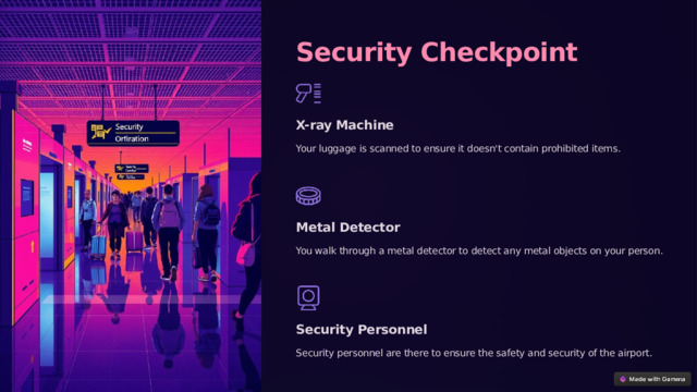 Security Checkpoint X-ray Machine Your luggage is scanned to ensure it doesn't contain prohibited items. Metal Detector You walk through a metal detector to detect any metal objects on your person. Security Personnel Security personnel are there to ensure the safety and security of the airport. 