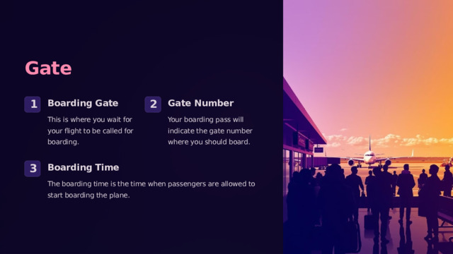 Gate Boarding Gate Gate Number 1 2 This is where you wait for your flight to be called for boarding. Your boarding pass will indicate the gate number where you should board. Boarding Time 3 The boarding time is the time when passengers are allowed to start boarding the plane. 