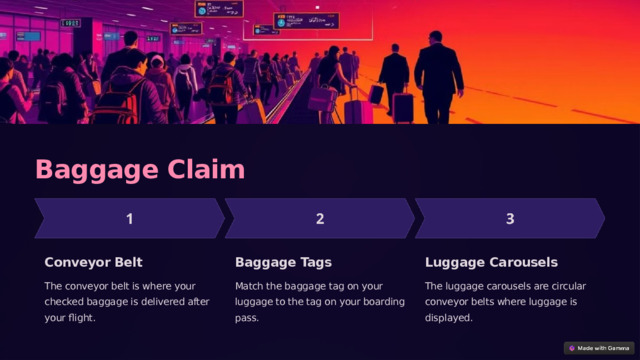 Baggage Claim Conveyor Belt Baggage Tags Luggage Carousels The conveyor belt is where your checked baggage is delivered after your flight. Match the baggage tag on your luggage to the tag on your boarding pass. The luggage carousels are circular conveyor belts where luggage is displayed. 