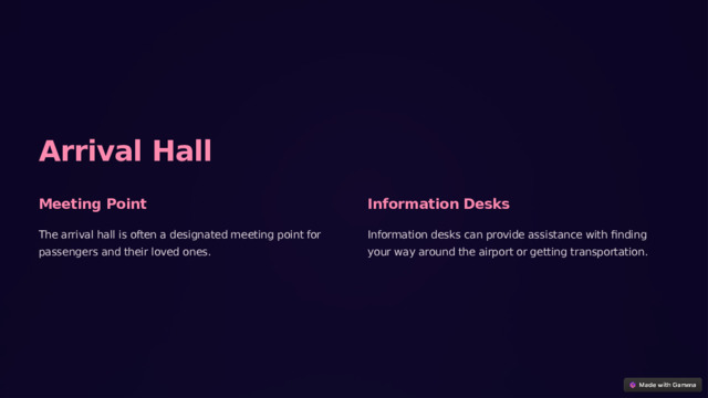 Arrival Hall Meeting Point Information Desks The arrival hall is often a designated meeting point for passengers and their loved ones. Information desks can provide assistance with finding your way around the airport or getting transportation. 