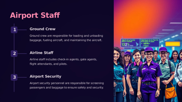 Airport Staff Ground Crew 1 Ground crew are responsible for loading and unloading baggage, fueling aircraft, and maintaining the aircraft. Airline Staff 2 Airline staff includes check-in agents, gate agents, flight attendants, and pilots. Airport Security 3 Airport security personnel are responsible for screening passengers and baggage to ensure safety and security. 