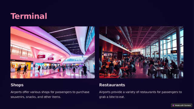 Terminal Shops Restaurants Airports offer various shops for passengers to purchase souvenirs, snacks, and other items. Airports provide a variety of restaurants for passengers to grab a bite to eat. 