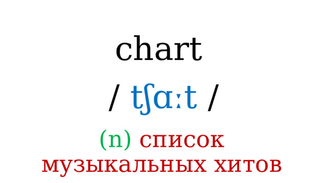 chart /  tʃɑːt / (n) список музыкальных хитов 