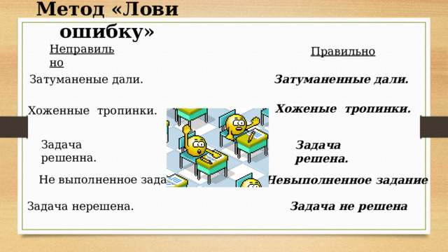 Метод «Лови ошибку» Неправильно Правильно Затуманеные дали. Затуманенные дали. Хоженые тропинки. Хоженные тропинки. Задача решенна. Задача решена. Не выполненное задание. Невыполненное задание Задача нерешена. Задача не решена 