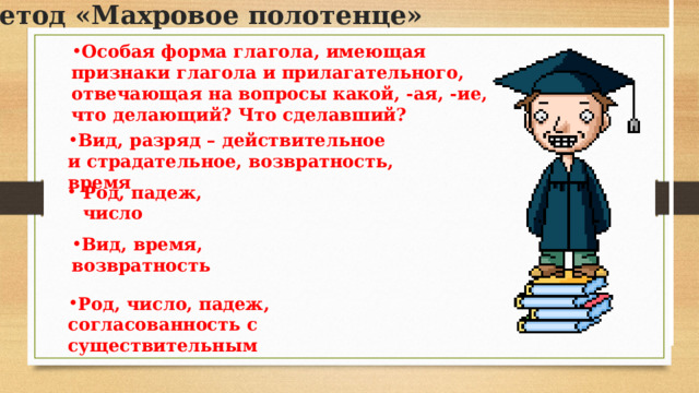 Метод «Махровое полотенце» Особая форма глагола, имеющая признаки глагола и прилагательного, отвечающая на вопросы какой, -ая, -ие, что делающий? Что сделавший? Вид, разряд – действительное и страдательное, возвратность, время Род, падеж, число Род, падеж, число Род, падеж, число Род, падеж, число Вид, время, возвратность Род, число, падеж, согласованность с существительным 