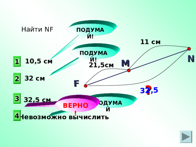 F 32,5 ПОДУМАЙ! Найти NF 11 см ПОДУМАЙ! N 10,5 см 1 М 21,5см 32 см 2 ? 3 3 2 , 5 см ПОДУМАЙ ВЕРНО! 4 Невозможно вычислить 