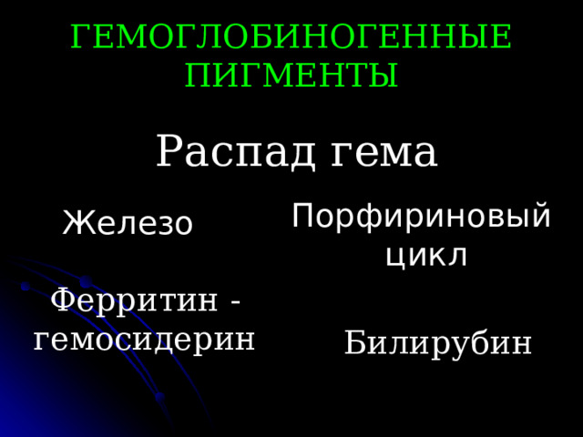 ГЕМОГЛОБИНОГЕННЫЕ ПИГМЕНТЫ  Распад  гема  Порфириновый цикл Железо Ферритин - гемосидерин Билирубин 