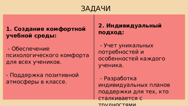 ЗАДАЧИ 2. Индивидуальный подход:  - Учет уникальных потребностей и особенностей каждого ученика.  - Разработка индивидуальных планов поддержки для тех, кто сталкивается с трудностями. 1. Создание комфортной учебной среды:  - Обеспечение психологического комфорта для всех учеников. - Поддержка позитивной атмосферы в классе. 