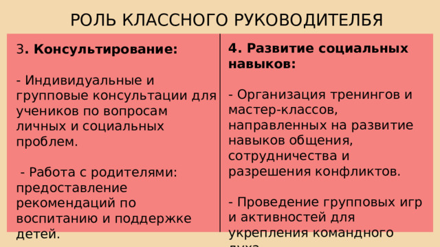 РОЛЬ КЛАССНОГО РУКОВОДИТЕЛБЯ 4. Развитие социальных навыков: - Организация тренингов и мастер-классов, направленных на развитие навыков общения, сотрудничества и разрешения конфликтов. - Проведение групповых игр и активностей для укрепления командного духа. 3 . Консультирование: - Индивидуальные и групповые консультации для учеников по вопросам личных и социальных проблем.  - Работа с родителями: предоставление рекомендаций по воспитанию и поддержке детей. 