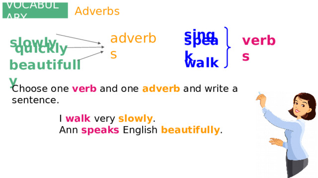Adverbs VOCABULARY sing  slowly adverbs verbs  quickly speak walk  beautifully Choose one verb and one adverb and write a sentence. I walk  very slowly . Ann speaks English beautifully . 