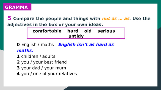 GRAMMAR 5 Compare the people and things with not as … as . Use the adjectives in the box or your own ideas. comfortable hard old serious untidy 0 English / maths English isn’t as hard as maths. 1 children / adults 2 you / your best friend 3 your dad / your mum 4 you / one of your relatives 