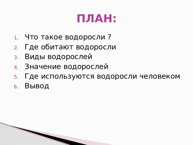 ПЛАН: Что такое водоросли ? Где обитают водоросли Виды водорослей Значение водорослей Где используются водоросли человеком Вывод 